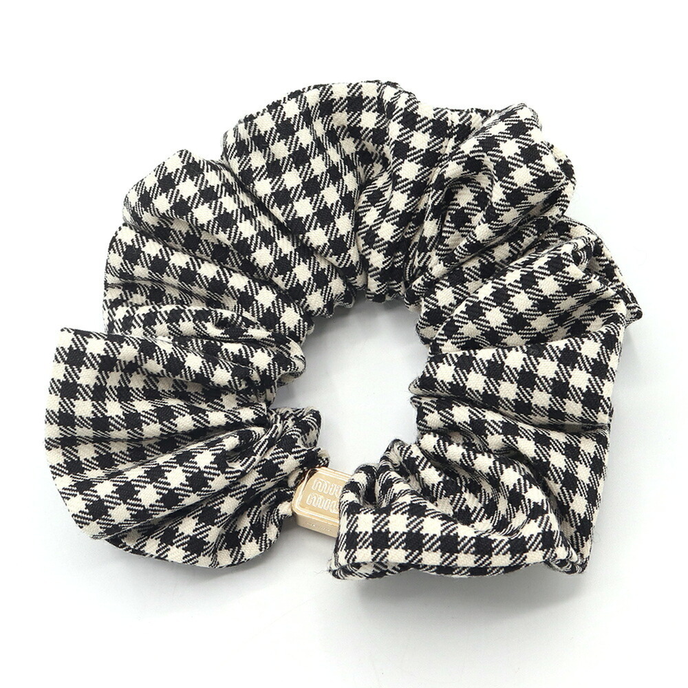 Miu Miu Miu Scrunchie 5IF186 Black White Fabric Hair Tie Gingham Check Women'...